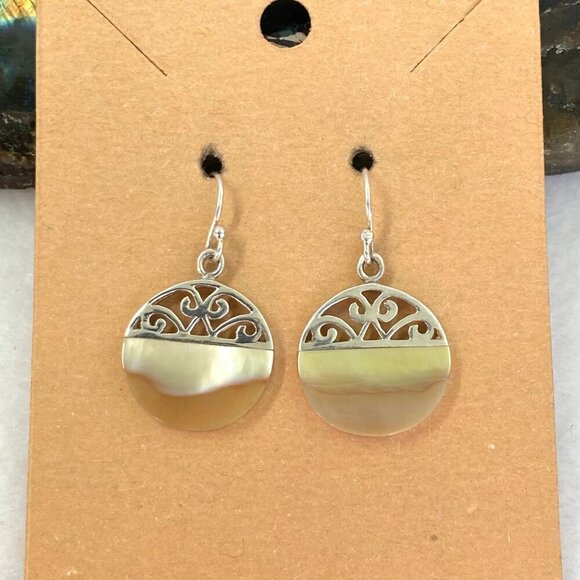 Sterling Silver 925 Round Mother Of Pearl MOP Scrollwork Accent Dangle Earrings - Picture 11 of 16